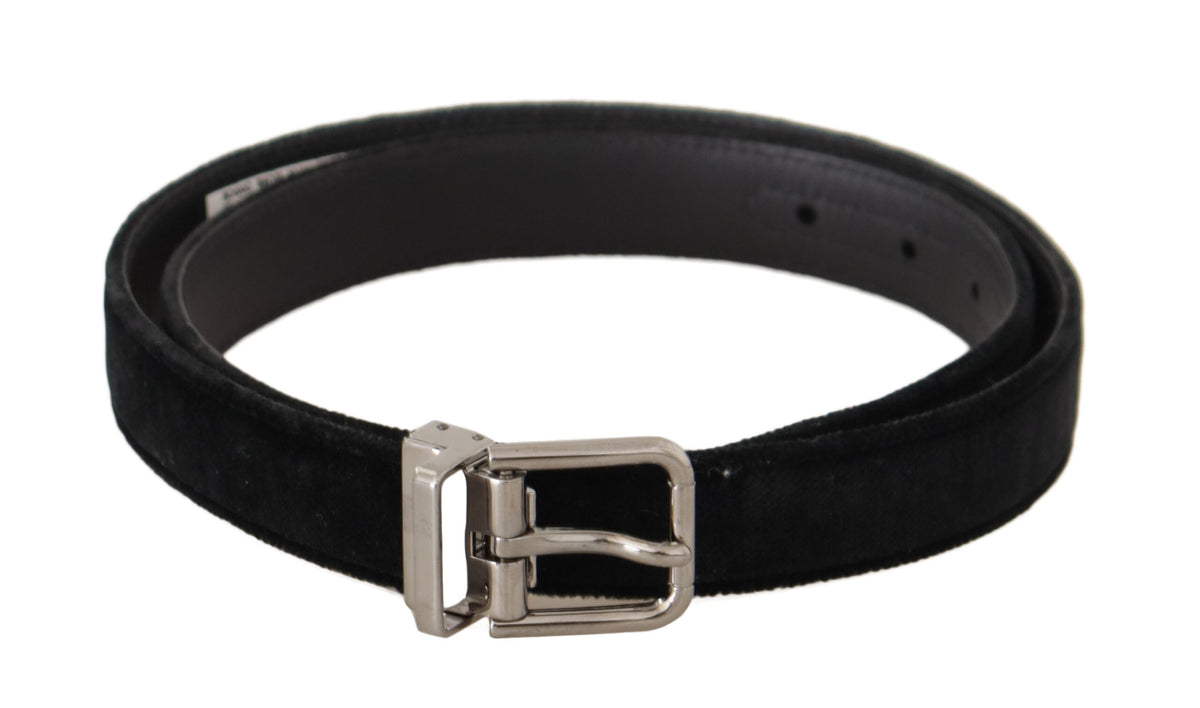 Dolce & Gabbana Black Casual Velvet Silver Metal Logo Buckle Belt schwarz