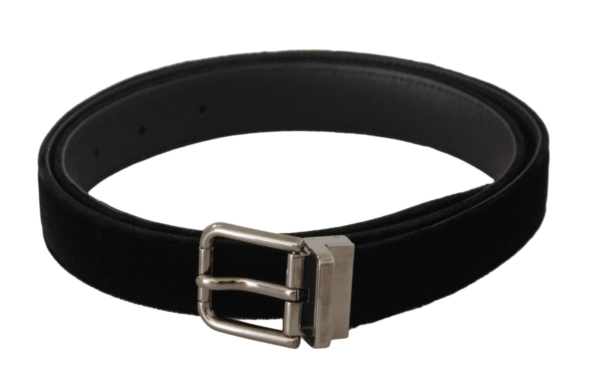 Dolce & Gabbana Black Classic Velvet Logo Engraved Metal Buckle Belt schwarz
