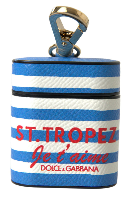 Dolce & Gabbana Blue Stripe Dauphine Leather Logo Print Airpod Case Curated Luxury Accessories by Orvyn