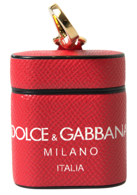Dolce & Gabbana Red Leather Gold Tone Metal Logo Print Airpods Case Curated Luxury Accessories by Orvyn