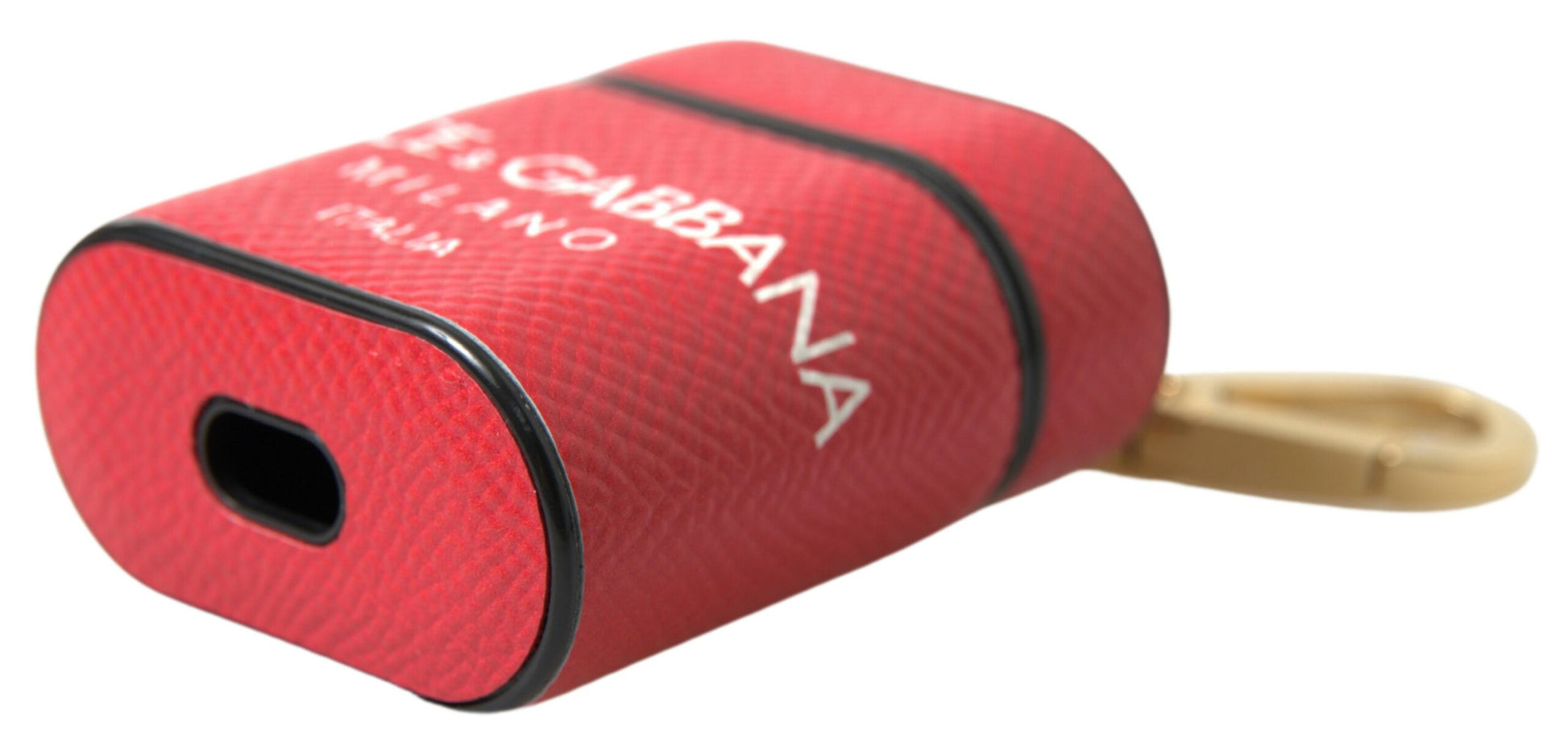 Dolce & Gabbana Red Leather Gold Tone Metal Logo Print Airpods Case Curated Luxury Accessories by Orvyn