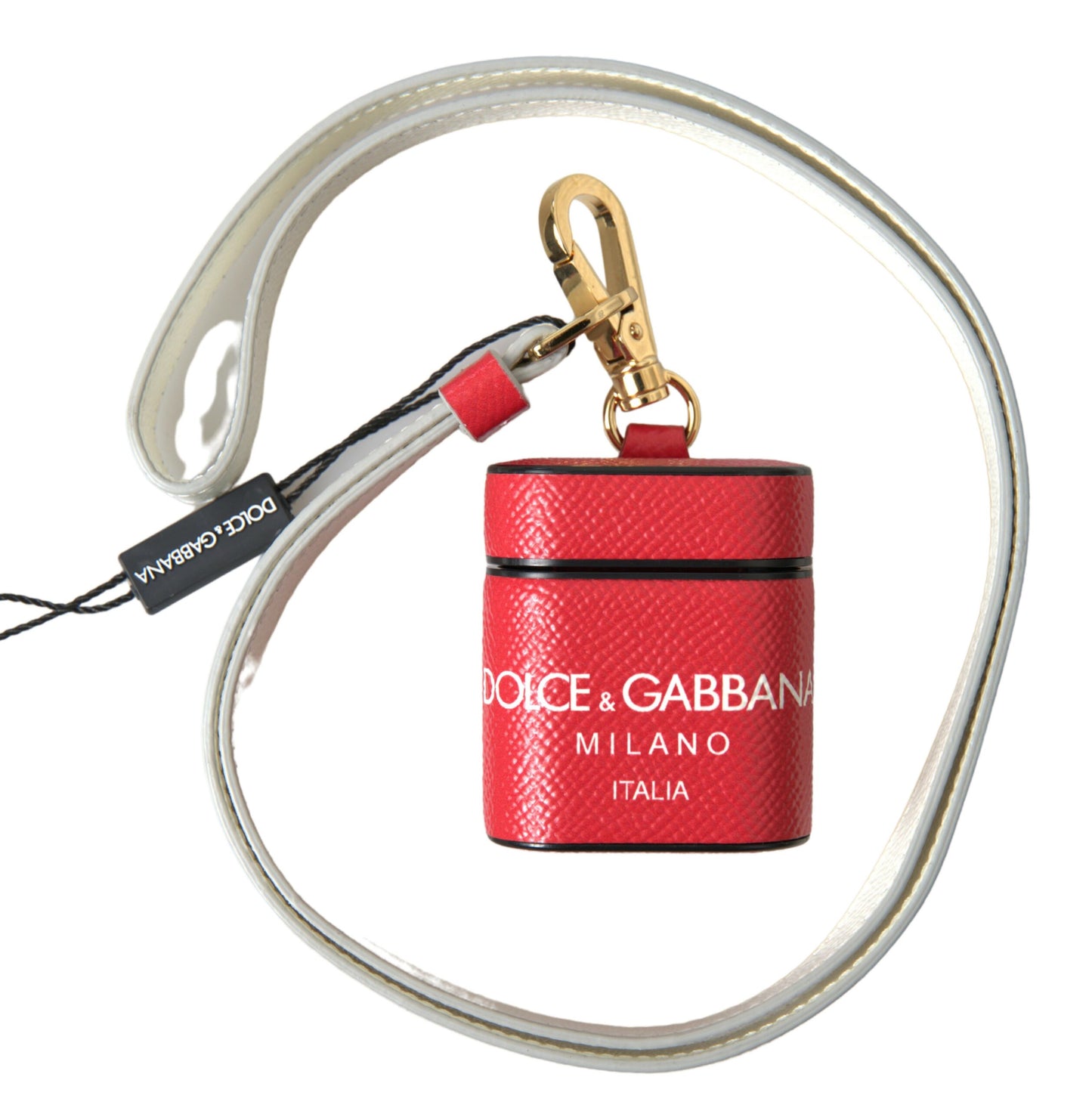Dolce & Gabbana Red Leather Gold Tone Metal Logo Print Airpods Case Curated Luxury Accessories by Orvyn