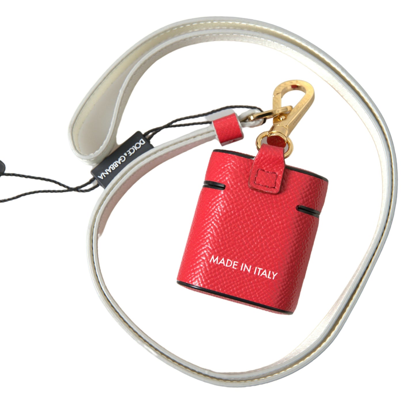 Dolce & Gabbana Red Leather Gold Tone Metal Logo Print Airpods Case Curated Luxury Accessories by Orvyn