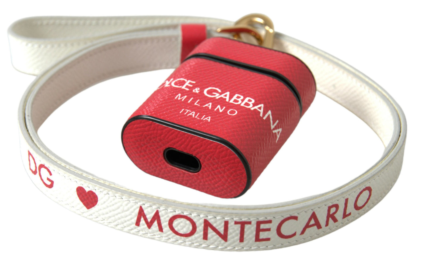 Dolce & Gabbana Red Leather Gold Tone Metal Logo Print Strap Airpods Case Curated Luxury Accessories by Orvyn