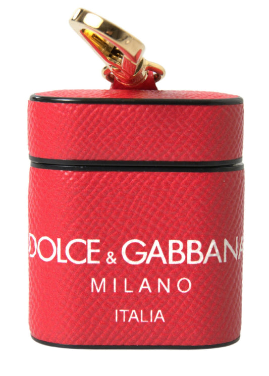 Dolce & Gabbana Red Leather Gold Tone Metal Logo Print Strap Airpods Case Curated Luxury Accessories by Orvyn