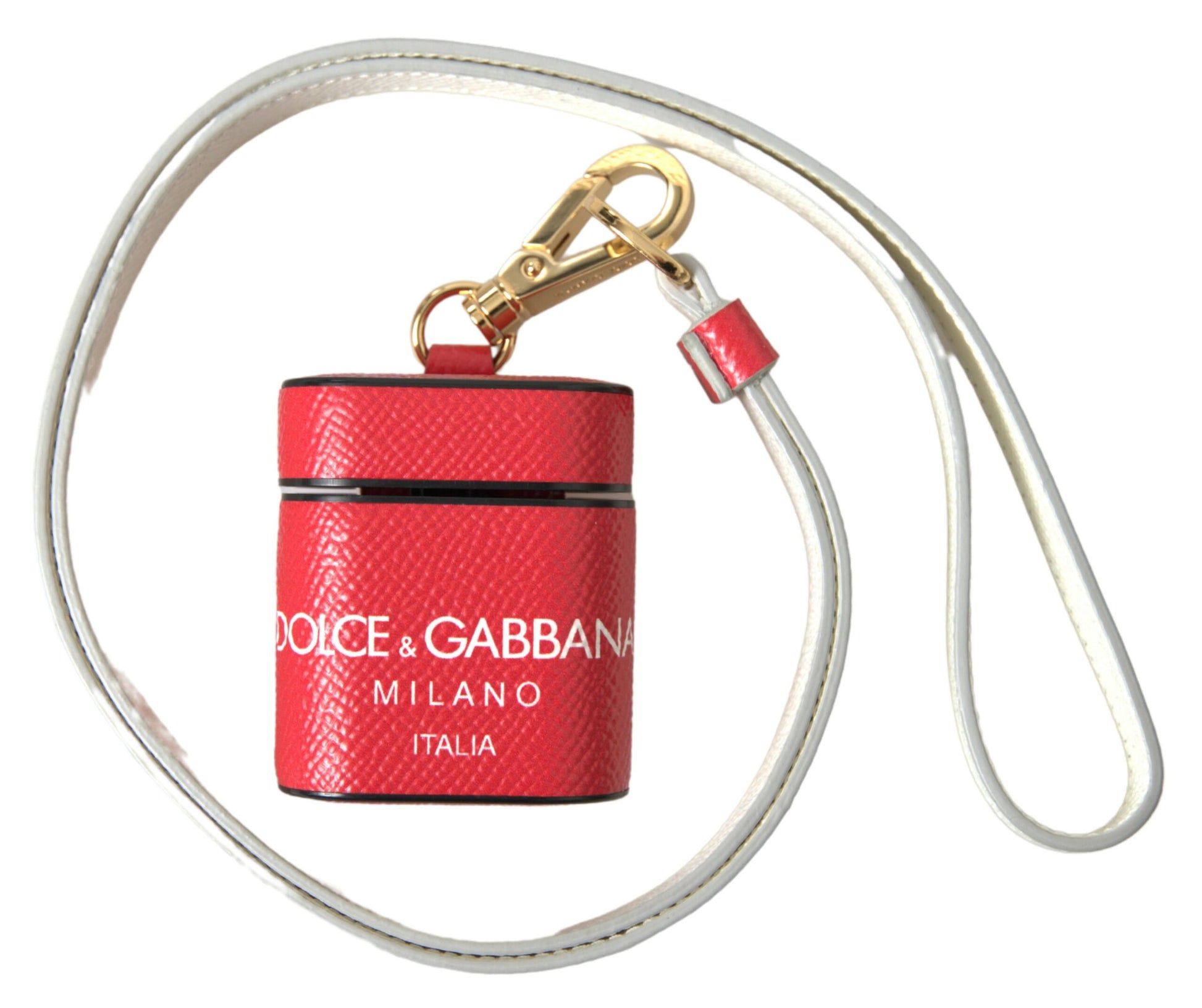 Dolce & Gabbana Red Leather Gold Tone Metal Logo Print Strap Airpods Case Curated Luxury Accessories by Orvyn