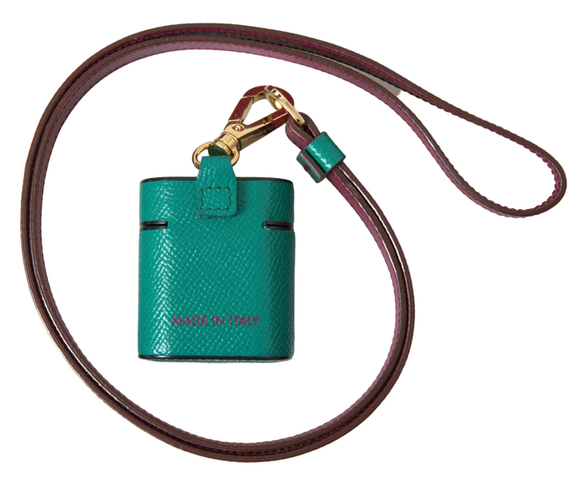 Dolce & Gabbana Green Maroon Calf Leather Logo Print Strap Airpods Case Curated Luxury Accessories by Orvyn