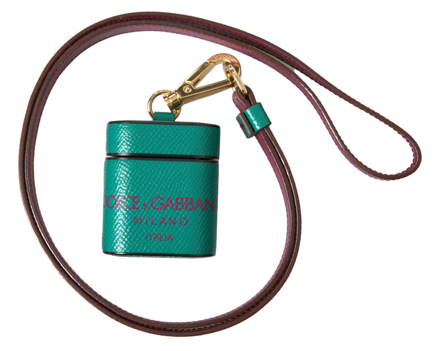 Dolce & Gabbana Green Maroon Calf Leather Logo Print Strap Airpods Case Curated Luxury Accessories by Orvyn