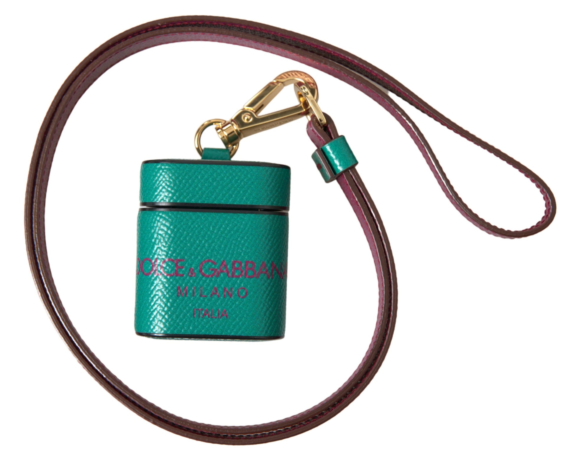 Dolce & Gabbana Green Maroon Calf Leather Logo Print Strap Airpods Case Curated Luxury Accessories by Orvyn