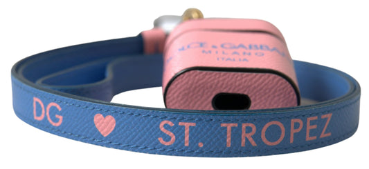 Dolce & Gabbana Pink Blue Calf Leather Logo Print Strap Airpods Case Curated Luxury Accessories by Orvyn