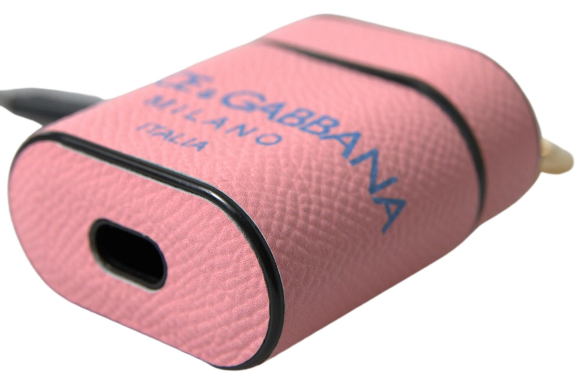 Dolce & Gabbana Pink Blue Calf Leather Logo Print Strap Airpods Case Curated Luxury Accessories by Orvyn