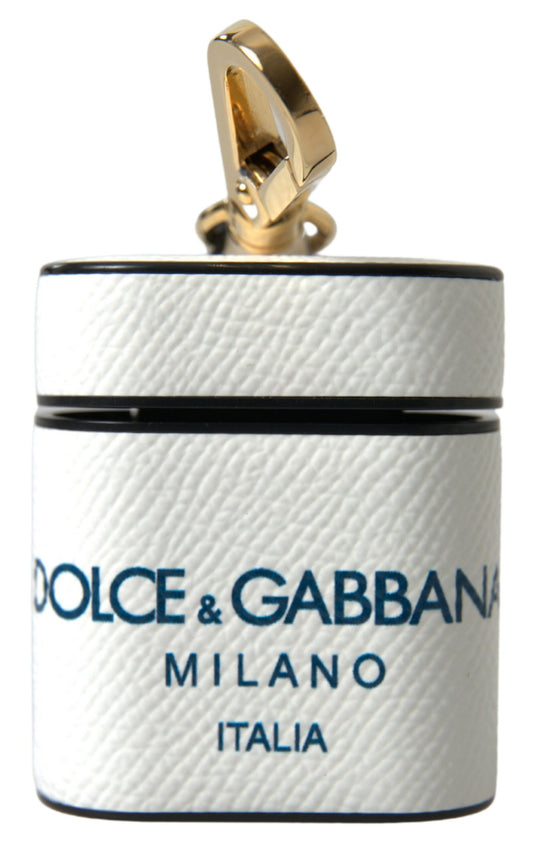 Dolce & Gabbana White Blue Calf Leather Logo Print Strap Airpods Case Curated Luxury Accessories by Orvyn