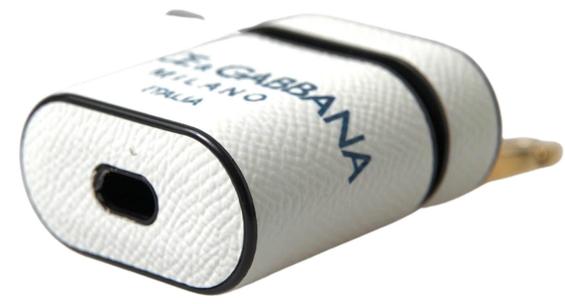 Dolce & Gabbana White Blue Calf Leather Logo Print Strap Airpods Case Curated Luxury Accessories by Orvyn