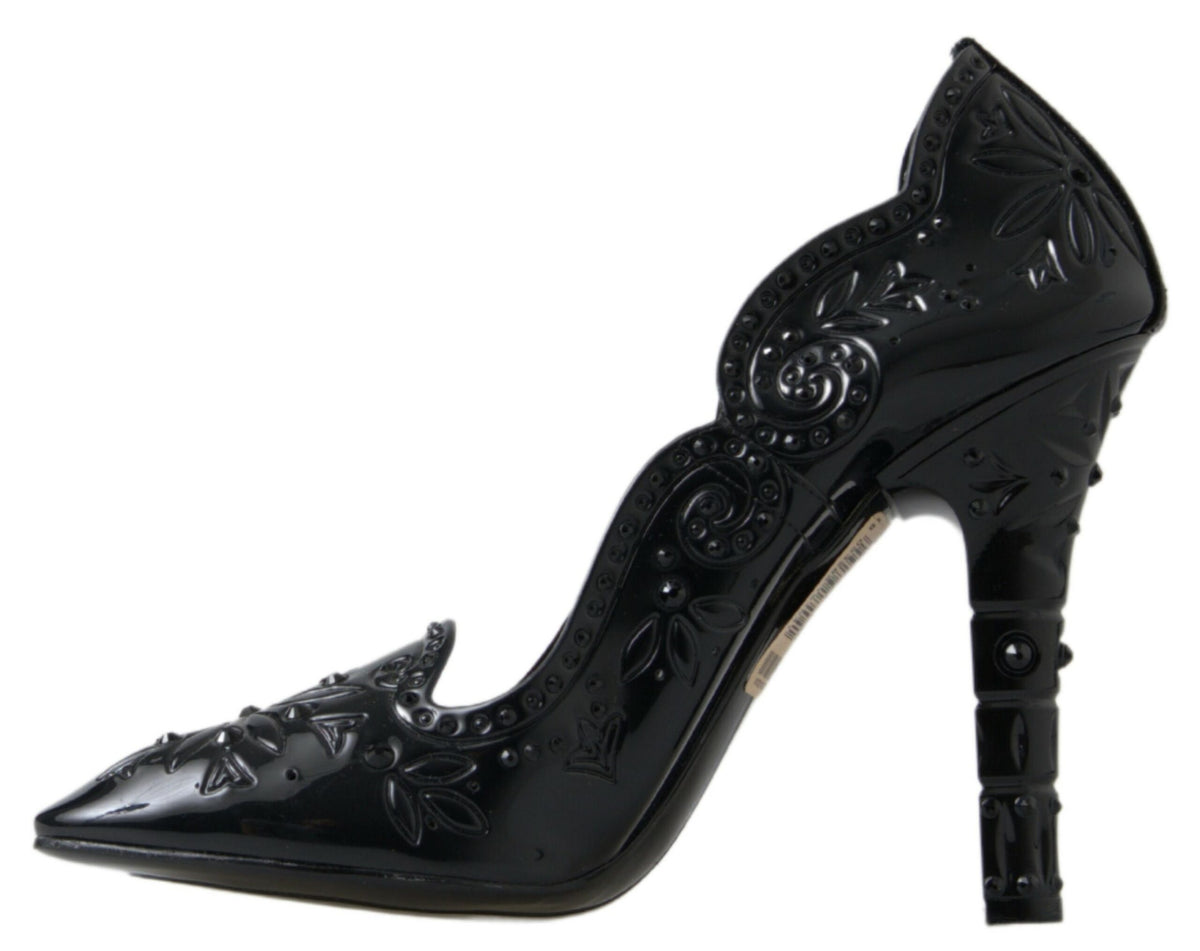 Dolce & Gabbana Black CINDERELLA Floral Crystal Heels Shoes schwarz