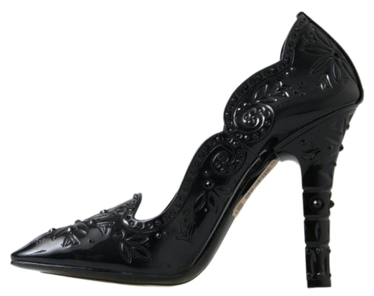 Dolce & Gabbana Black CINDERELLA Floral Crystal Heels Shoes schwarz