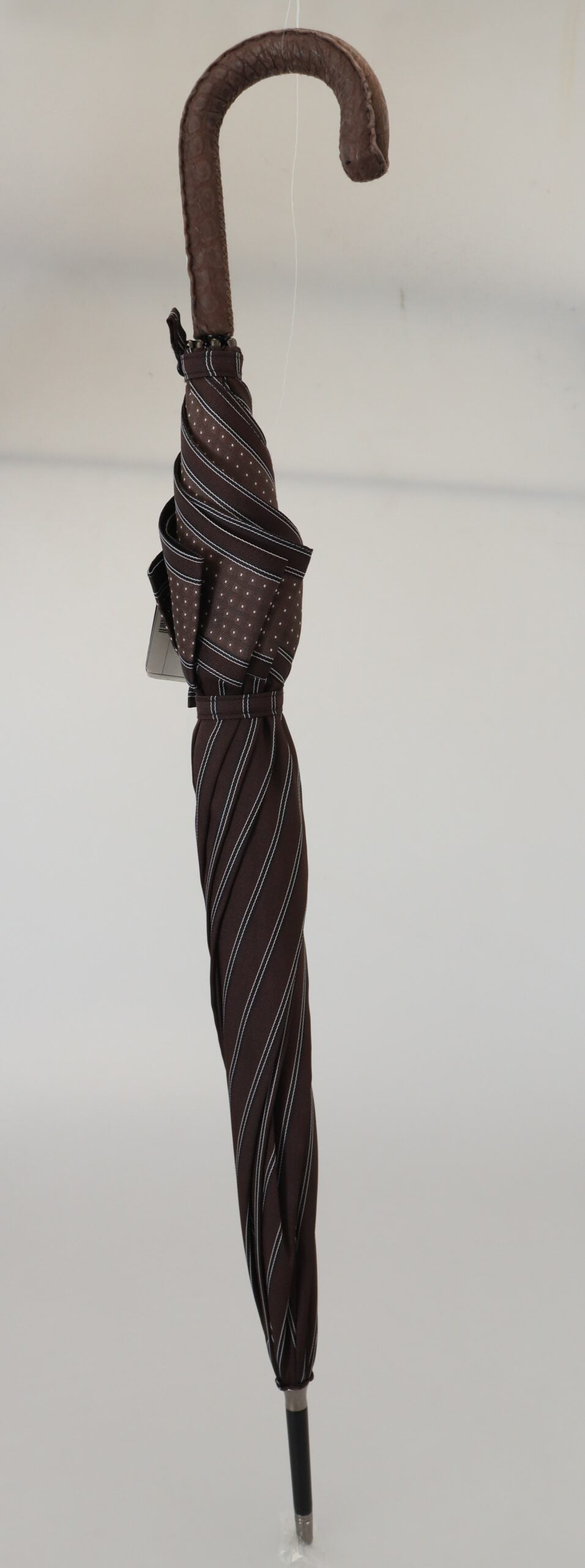 Dolce & Gabbana Brown Striped Leather Handle Collapsible Sartoria Umbrella Curated Luxury Accessories by Orvyn