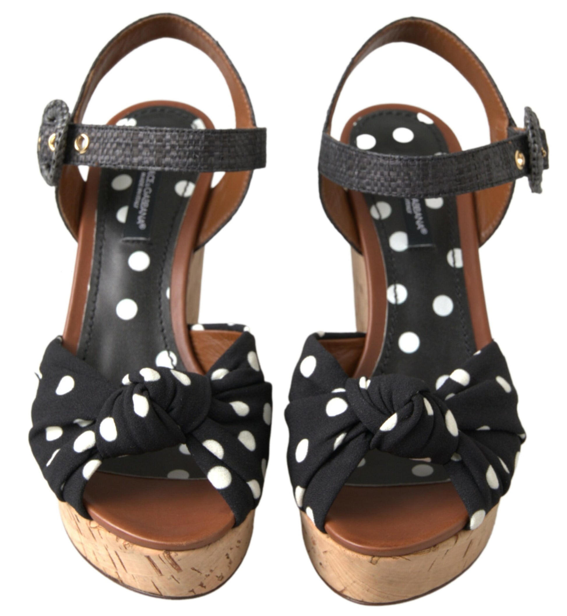 Dolce & Gabbana Black Wedges Polka Dotted Ankle Strap Shoes Sandals Curated Luxury Accessories by Orvyn