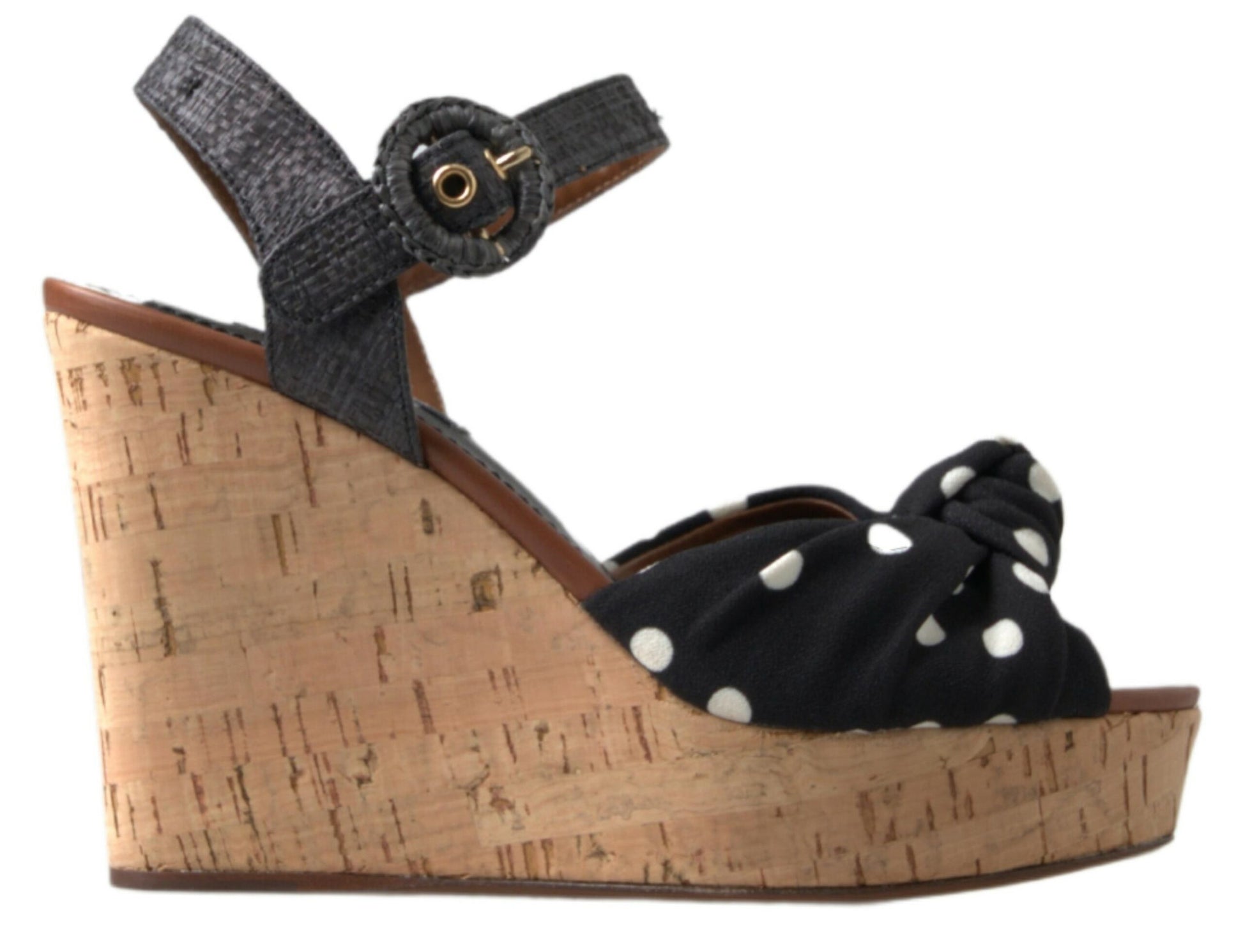 Dolce & Gabbana Black Wedges Polka Dotted Ankle Strap Shoes Sandals Curated Luxury Accessories by Orvyn