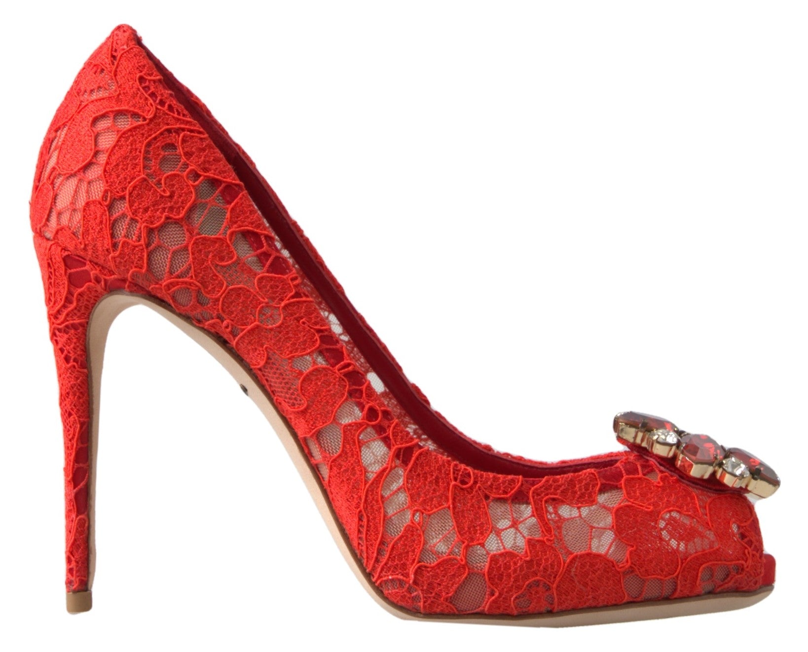 Dolce & Gabbana Red Taormina Lace Crystal Heels Pumps Shoes rot