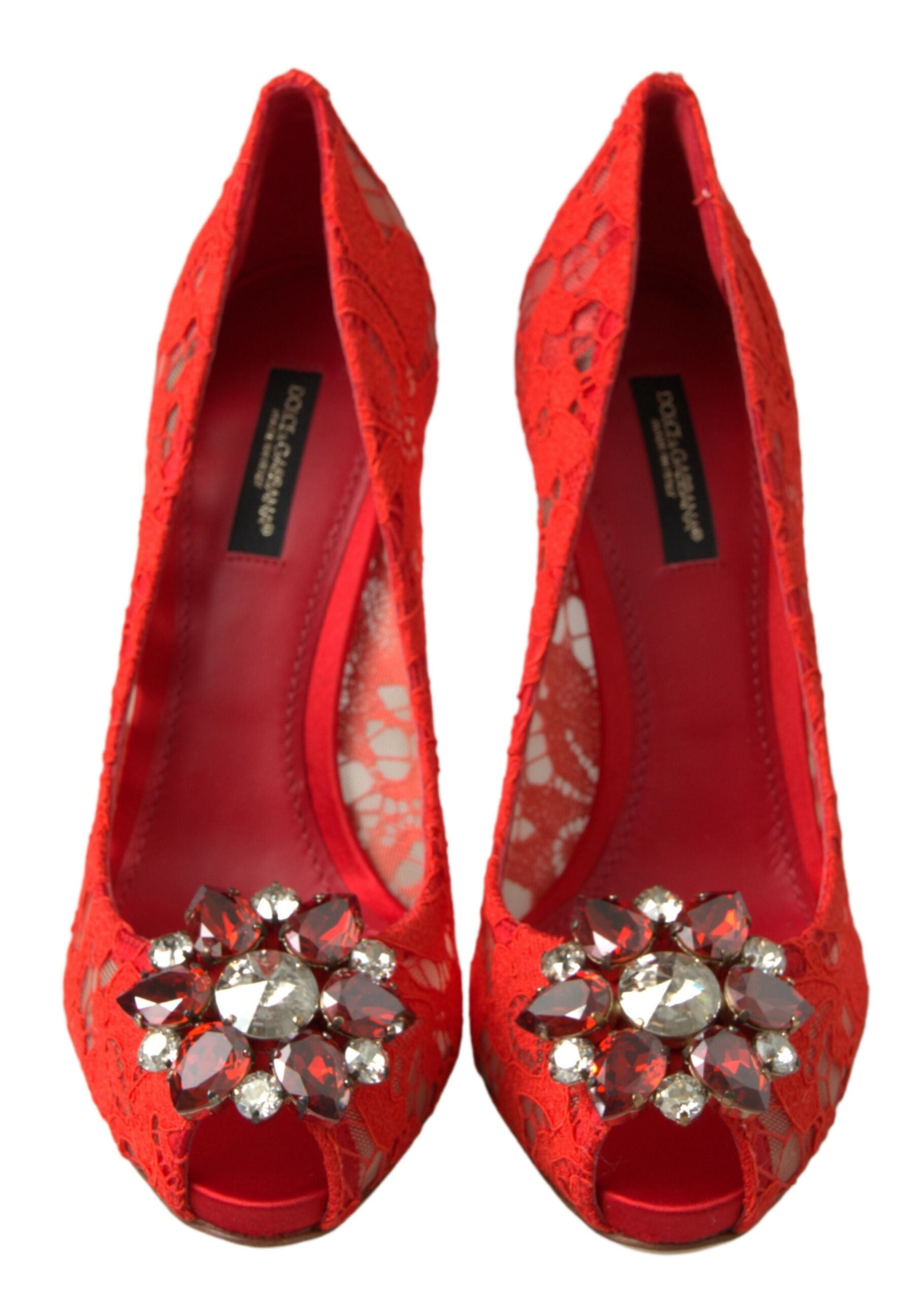 Dolce & Gabbana Red Taormina Lace Crystal Heels Pumps Shoes rot
