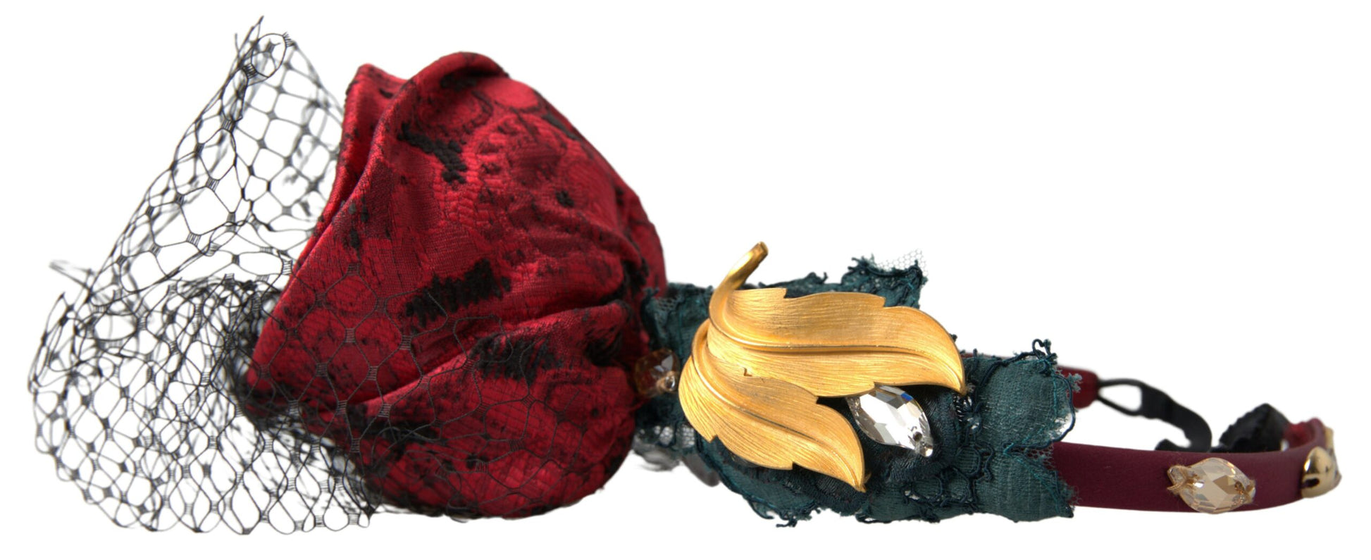 Dolce & Gabbana Red with multicolor Rose Silk Crystal Netted Logo Diadem Headband Curated Luxury Accessories by Orvyn