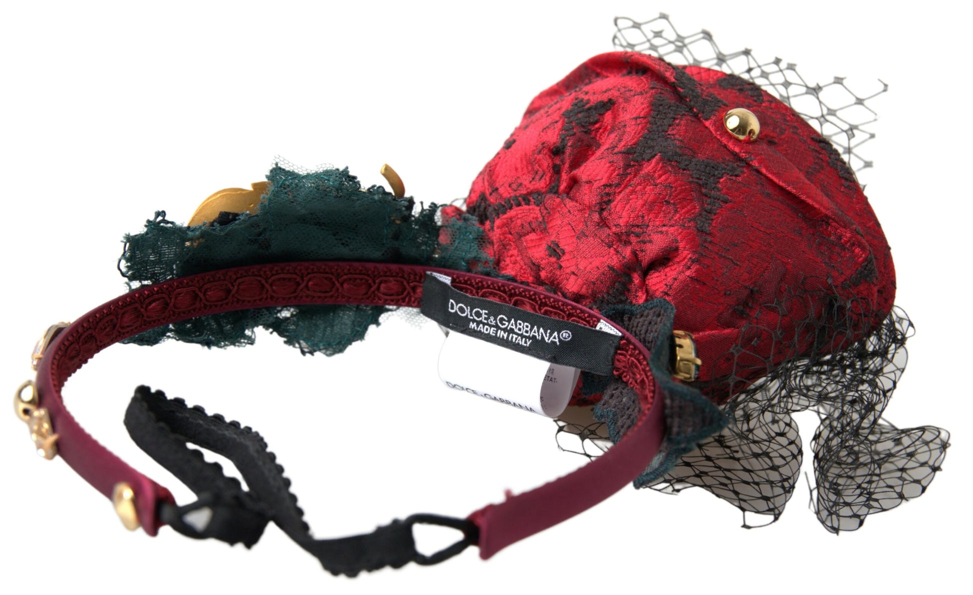 Dolce & Gabbana Red with multicolor Rose Silk Crystal Netted Logo Diadem Headband Curated Luxury Accessories by Orvyn