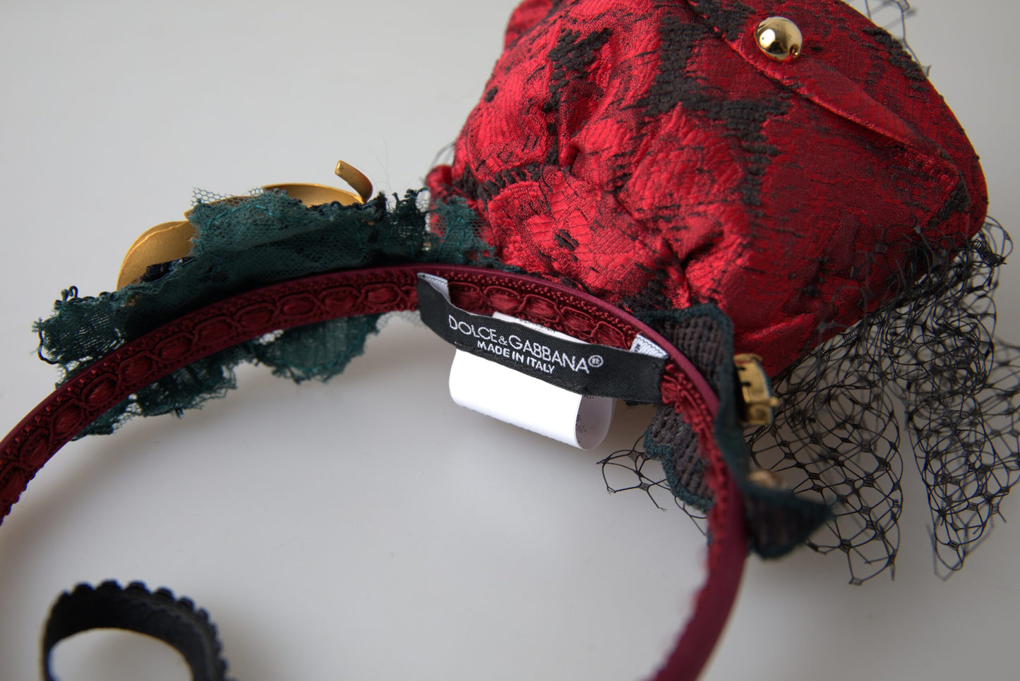 Dolce & Gabbana Red with multicolor Rose Silk Crystal Netted Logo Diadem Headband Curated Luxury Accessories by Orvyn