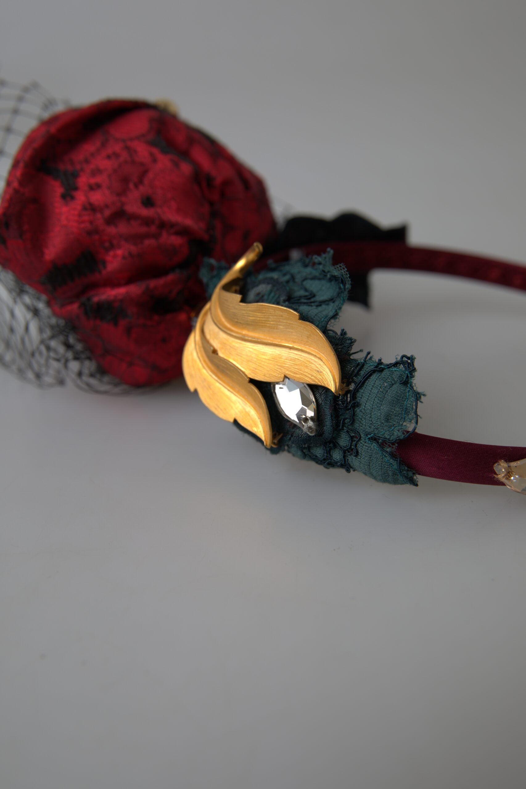 Dolce & Gabbana Red with multicolor Rose Silk Crystal Netted Logo Diadem Headband Curated Luxury Accessories by Orvyn