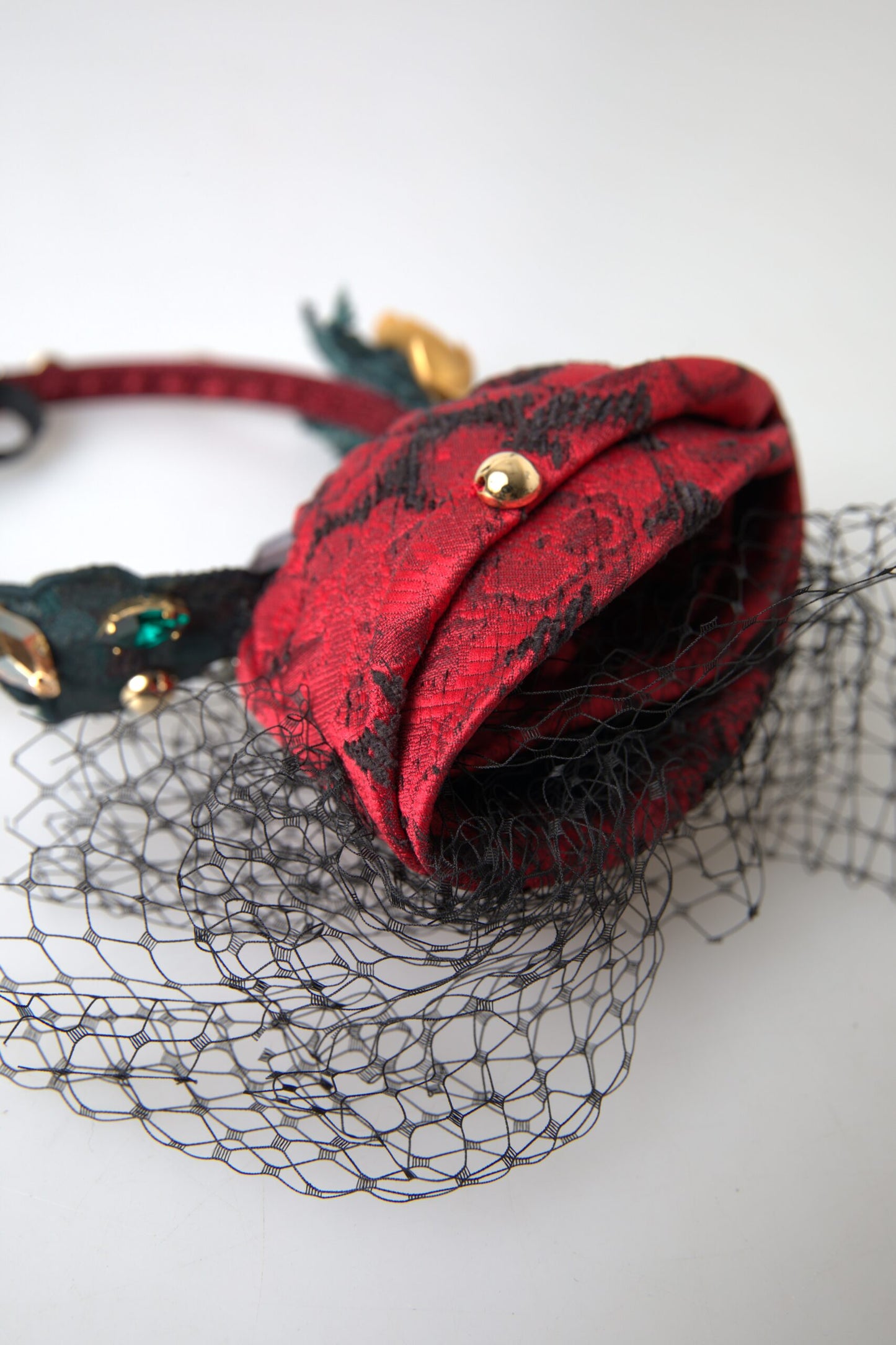 Dolce & Gabbana Red with multicolor Rose Silk Crystal Netted Logo Diadem Headband Curated Luxury Accessories by Orvyn