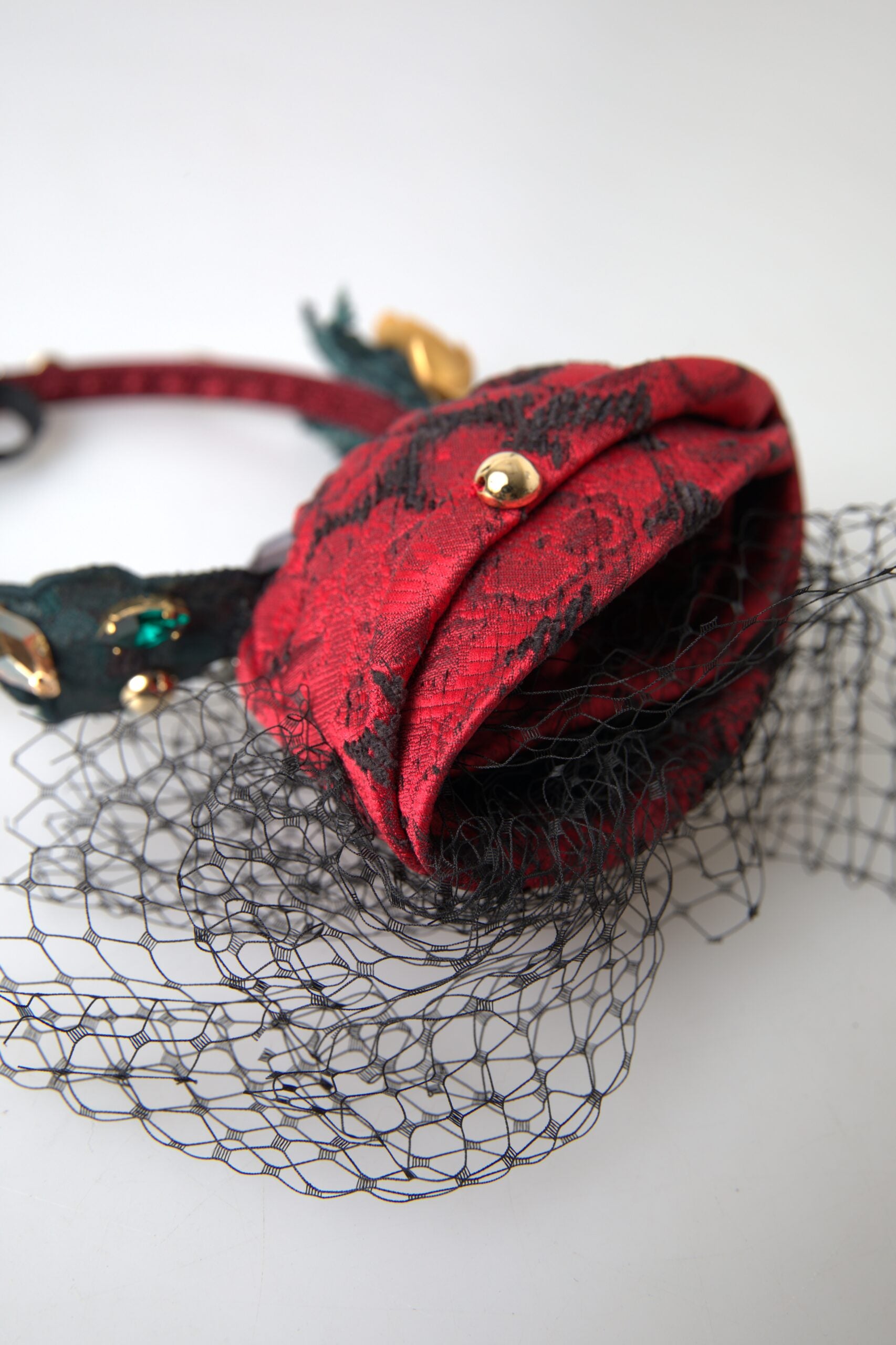 Dolce & Gabbana Red with multicolor Rose Silk Crystal Netted Logo Diadem Headband Curated Luxury Accessories by Orvyn