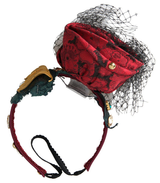 Dolce & Gabbana Red with multicolor Rose Silk Crystal Netted Logo Diadem Headband Curated Luxury Accessories by Orvyn