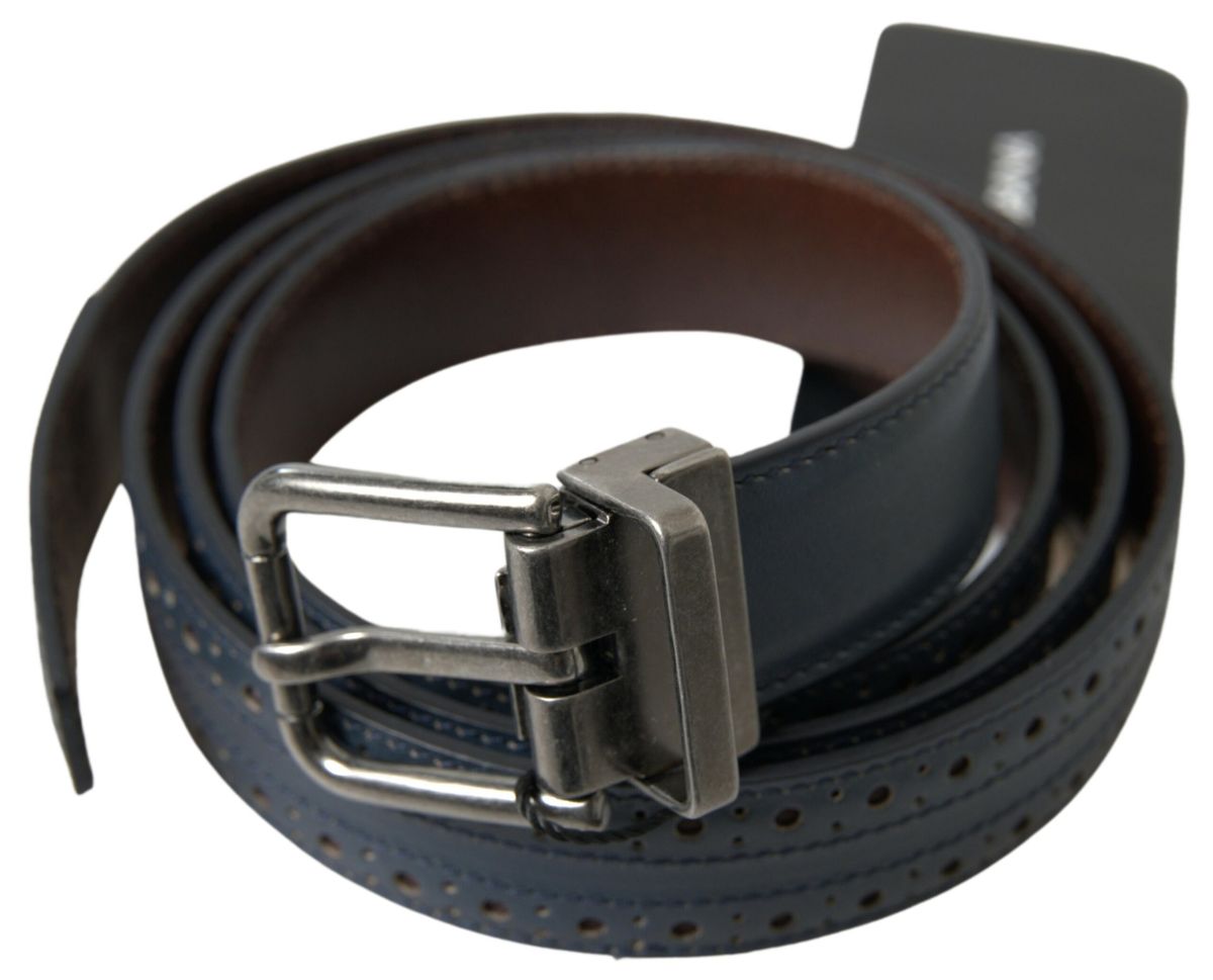 Dolce & Gabbana Blue Leather Perforated Metal Buckle Belt blau