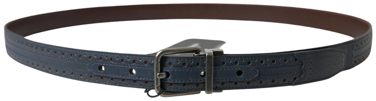 Dolce & Gabbana Blue Leather Perforated Metal Buckle Belt blau