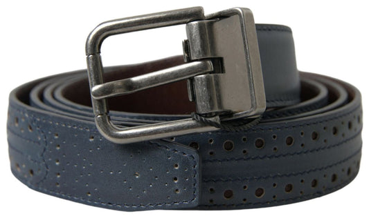 Dolce & Gabbana Blue Leather Perforated Metal Buckle Belt blau