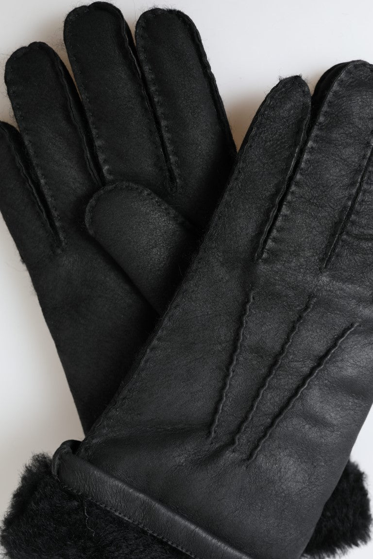 Dolce & Gabbana Black Leather Fur Short Hands Mitten Men Gloves Curated Luxury Accessories by Orvyn