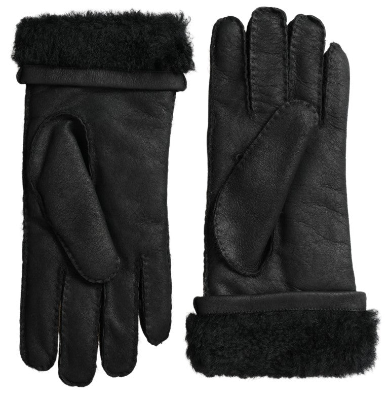 Dolce & Gabbana Black Leather Fur Short Hands Mitten Men Gloves Curated Luxury Accessories by Orvyn