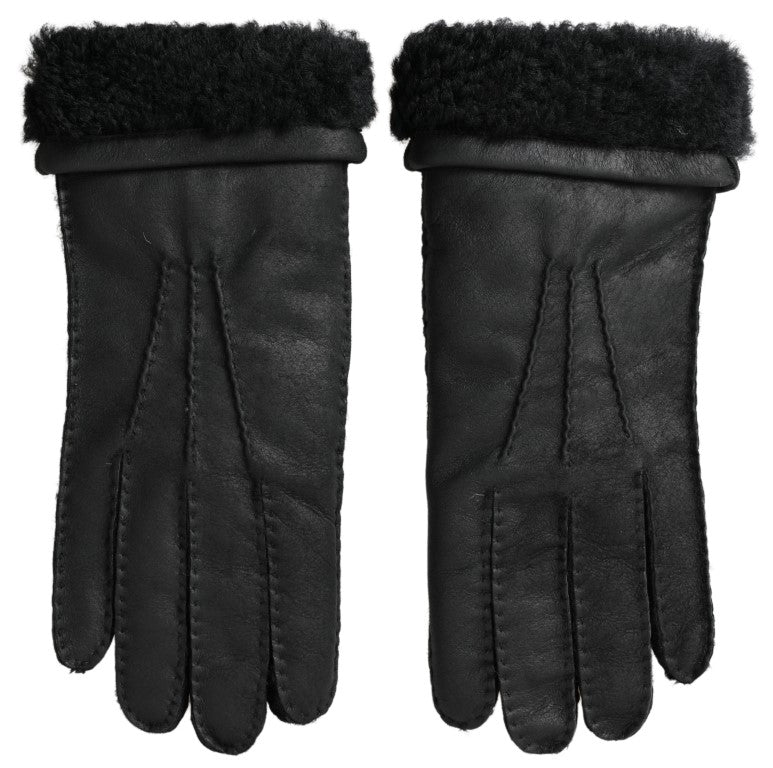 Dolce & Gabbana Black Leather Fur Short Hands Mitten Men Gloves Curated Luxury Accessories by Orvyn