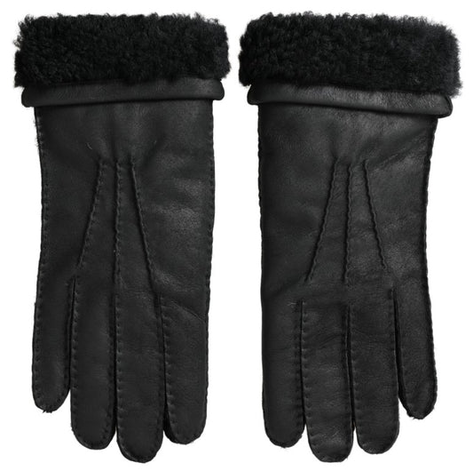 Dolce & Gabbana Black Leather Fur Short Hands Mitten Men Gloves Curated Luxury Accessories by Orvyn
