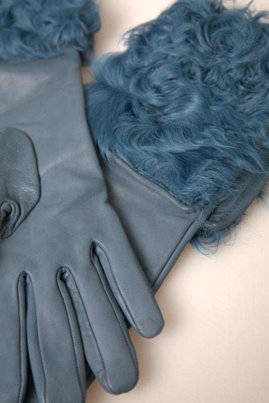 Dolce & Gabbana Blue Leather Fur Mid Arm Length Gloves Curated Luxury Accessories by Orvyn