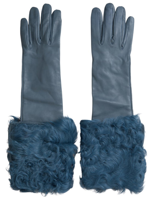 Dolce & Gabbana Blue Leather Fur Mid Arm Length Gloves Curated Luxury Accessories by Orvyn
