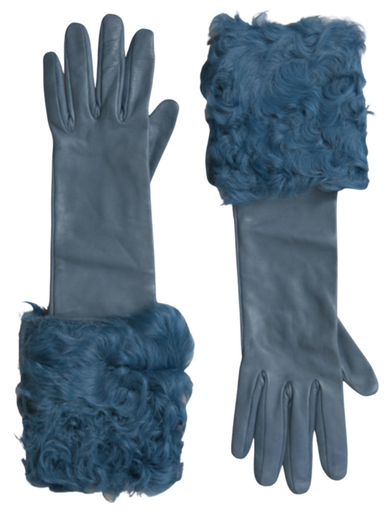 Dolce & Gabbana Blue Leather Fur Mid Arm Length Gloves Curated Luxury Accessories by Orvyn