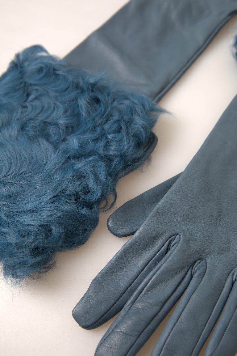 Dolce & Gabbana Blue Leather Fur Mid Arm Length Gloves Curated Luxury Accessories by Orvyn