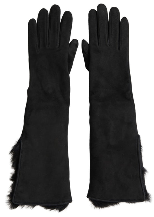 Dolce & Gabbana Black Leather Fur Elbow Length Gloves Curated Luxury Accessories by Orvyn