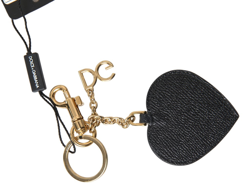 Dolce & Gabbana Black Fuchsia Heart Leather Gold Metal Keyring Keychain Curated Luxury Accessories by Orvyn