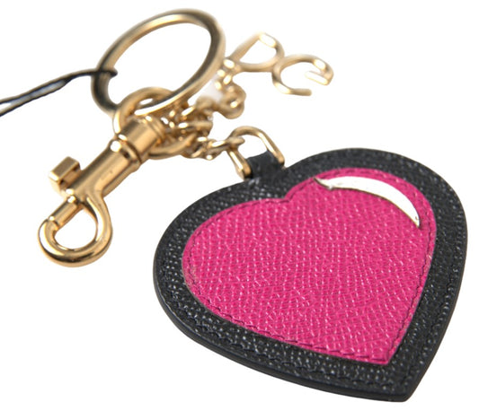 Dolce & Gabbana Black Fuchsia Heart Leather Gold Metal Keyring Keychain Curated Luxury Accessories by Orvyn