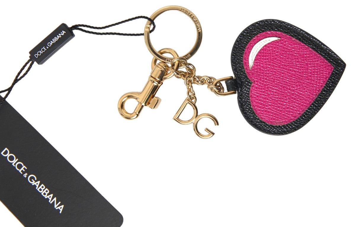 Dolce & Gabbana Black Fuchsia Heart Leather Gold Metal Keyring Keychain Curated Luxury Accessories by Orvyn
