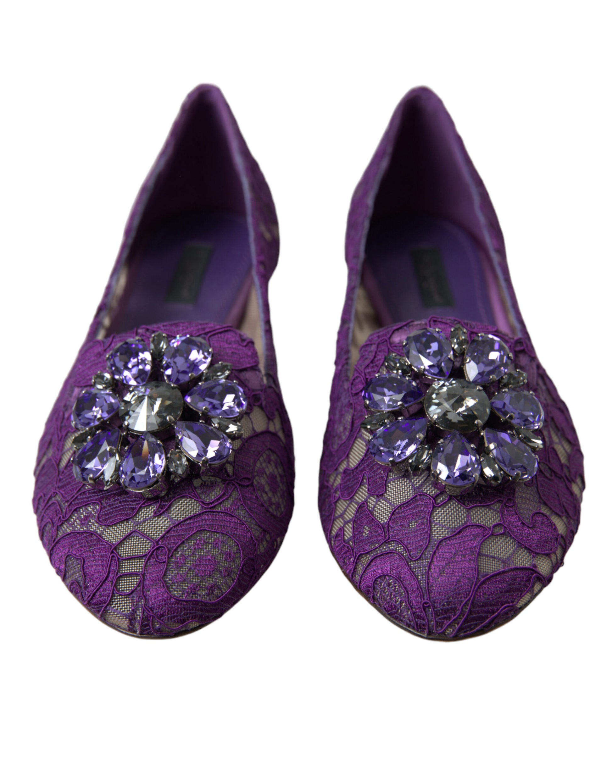 Dolce & Gabbana Purple Vally Taormina Lace Crystals Flats Shoes Curated Luxury Accessories by Orvyn