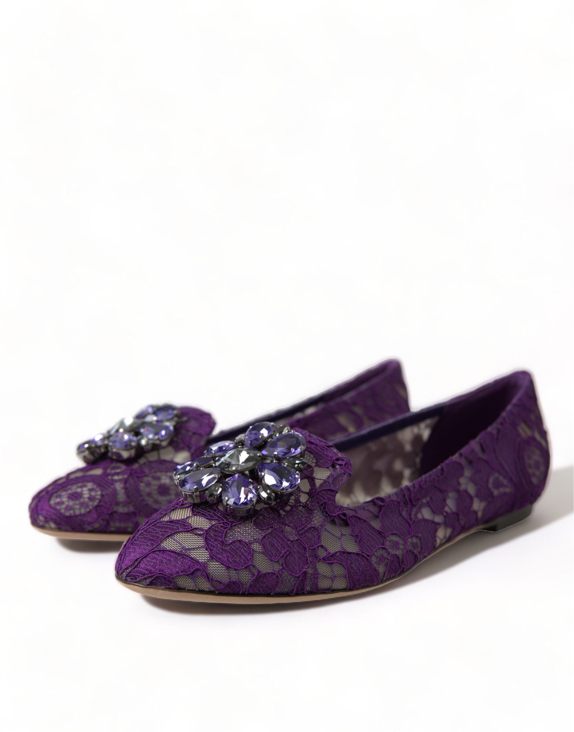 Dolce & Gabbana Purple Vally Taormina Lace Crystals Flats Shoes Curated Luxury Accessories by Orvyn