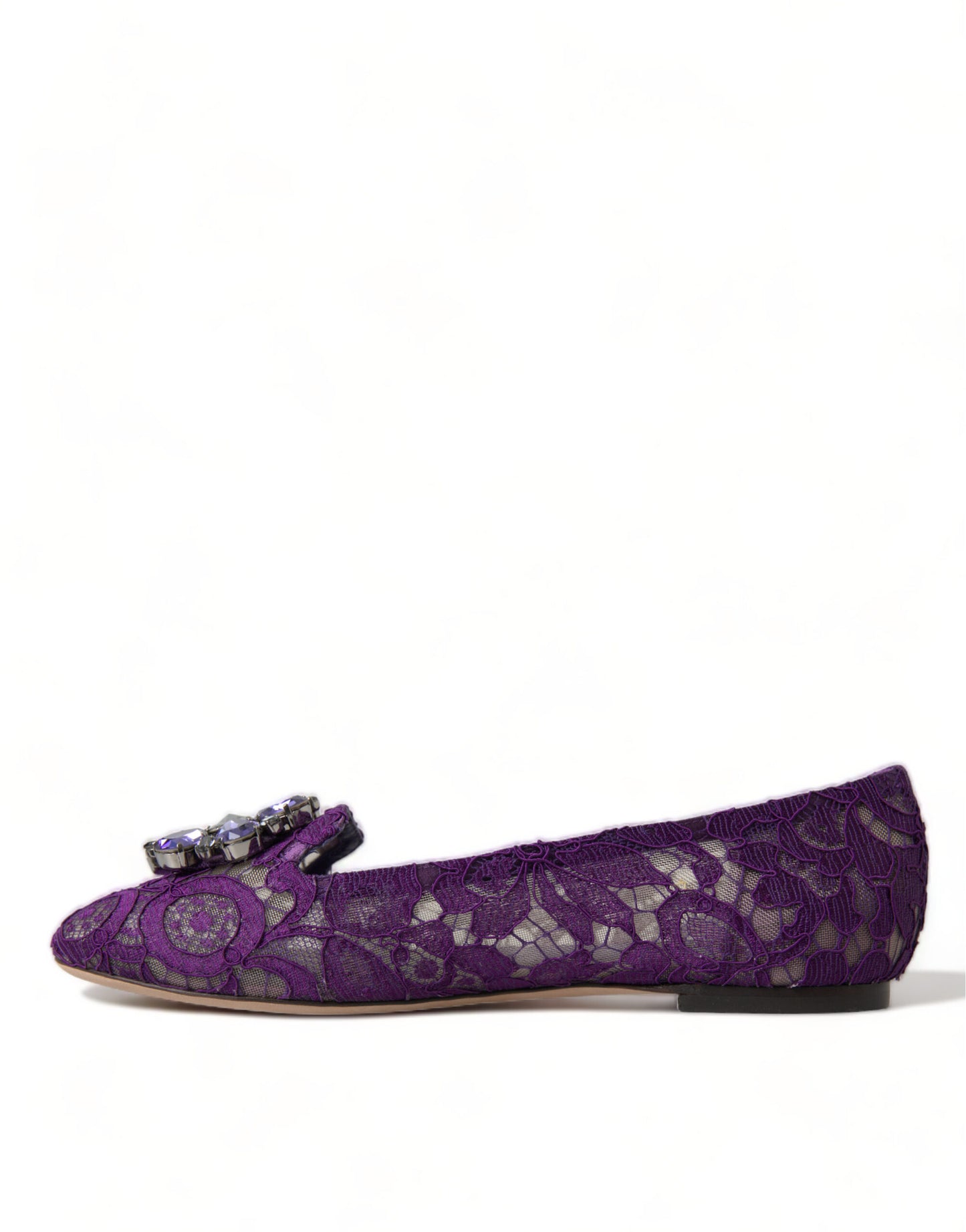 Dolce & Gabbana Purple Vally Taormina Lace Crystals Flats Shoes Curated Luxury Accessories by Orvyn