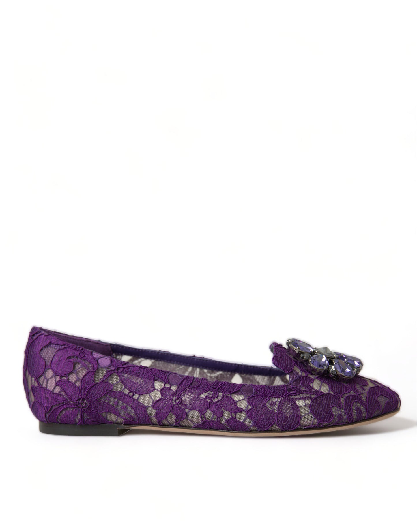 Dolce & Gabbana Purple Vally Taormina Lace Crystals Flats Shoes Curated Luxury Accessories by Orvyn